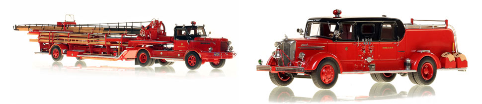 1948 CFD Mack L Sedan Pumper alongside 1954 FWD Tiller