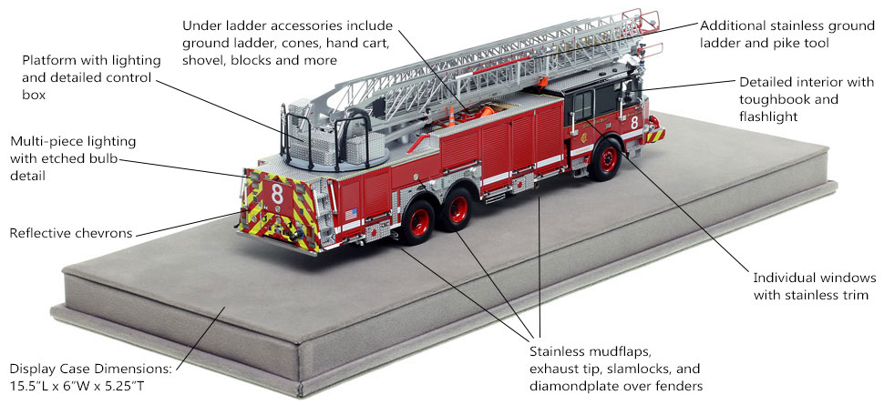 Features and specs of Chicago Fire Department Aerial Tower 8 scale model