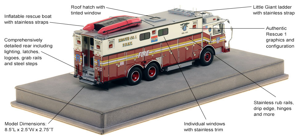 Specs and features of FDNY Pierce Rescue 1 scale model