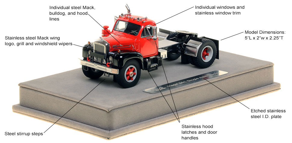 Features and specs of the Mack B-61 in red over black