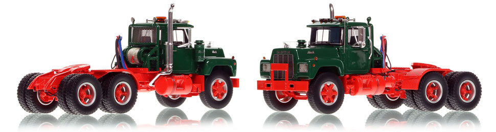 Green over red Mack R tandem axle tractor scale model