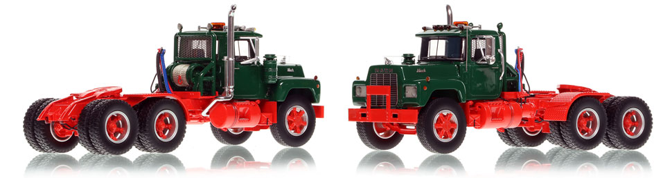 Green over red Mack R tandem axle tractor scale model