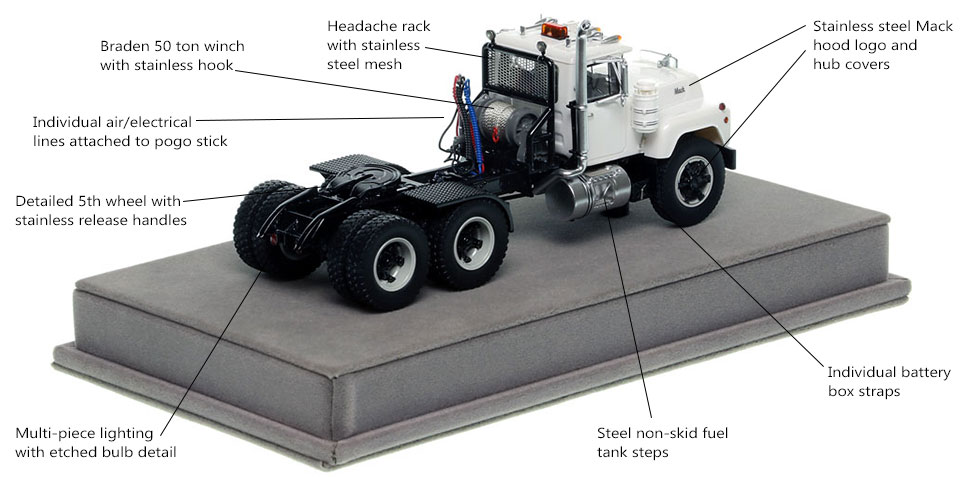 Specs and features of the Mack R tandem axle tractor scale model