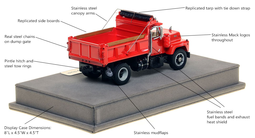 Specs of the Mack R dump truck in red over black