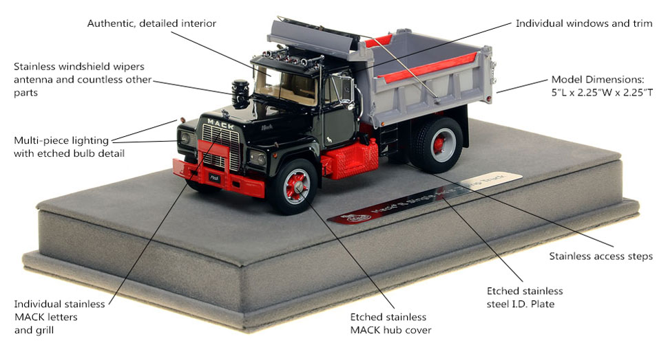 Features of the Mack R dump truck in black over red with grey dump body