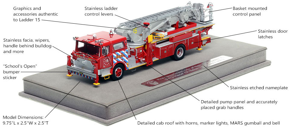 Features and specs of FDNY's Mack CF Tower Ladder 15 in Manhattan